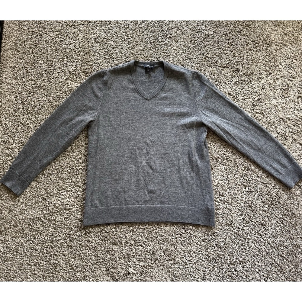 Express Men's Merino Wool Blend V-neck Gray Sweater‎ SZ Large Preppy Career